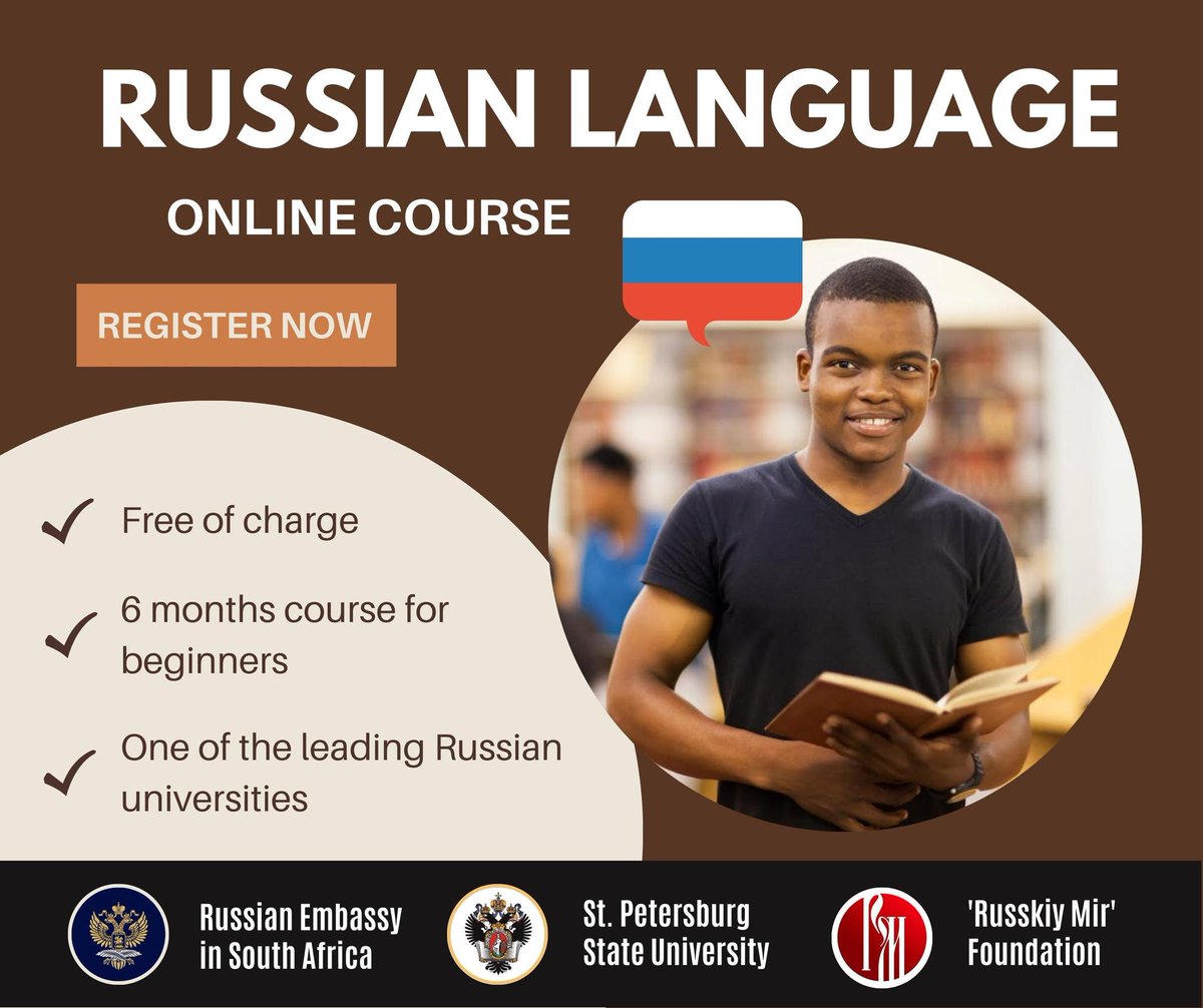 EmbassyofRussia's tweet photo. Russian Embassy in SA in collaboration with St Petersburg State University &amp; ‘Russkiy Mir’ Foundation host next free online Russian language course for beginners
To undertake the studies please fill out a short form here https://t.co/WT7DhfODPx 

Registration is open until Jan 31 https://t.co/KSAF1s6Bua