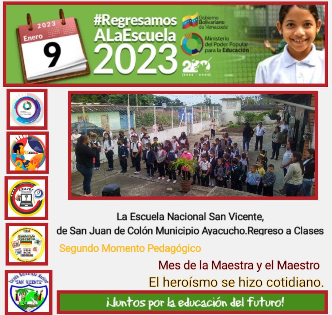 #RegresamosALaEscuela2023 

Este lunes #9deEnero volvemos a las aulas con entusiasmo!

Incorpórate junto a nuestros alumnos 🇻🇪

<a href="/NicolasMaduro/">Nicolás Maduro</a> 
<a href="/_LaAvanzadora/">Yelitze Santaella</a> 
<a href="/FreddyBernal/">Freddy Bernal</a> 
<a href="/Berzabethg1/">Berzabethgandicaoficial</a> 
<a href="/FeveemTachira/">OBE/Feveem/Táchira</a> 
<a href="/supervisionZET1/">SupervisionZET</a> 
<a href="/COMUNIDADESED15/">DIV. COMUNIDADES EDUCATIVAS TÁCHIRA</a>