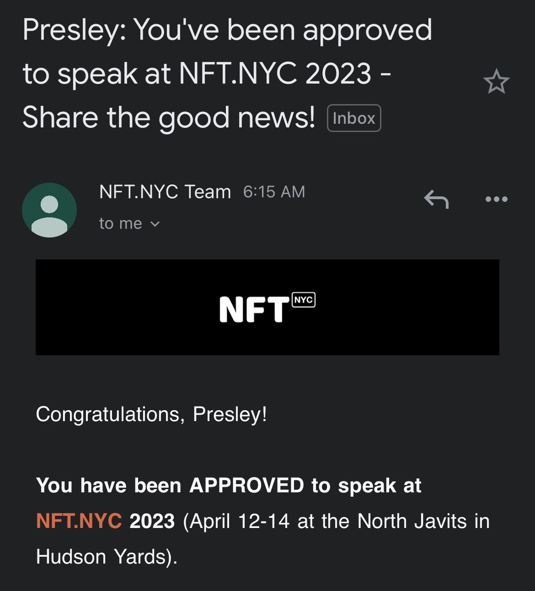 Gm Legends… I woke up to some good news today!!! Excited to announce I’ll be speaking at NFT NYC🤩