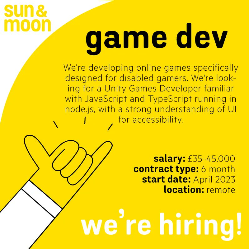 sunandmoon_anim's tweet image. Calling all Unity Developers!

We have an ongoing project developing online games specifically designed for disabled gamers. We're on the lookout for a developer to join initially on a 6 month basis later this year.

Find out more and apply here: buff.ly/3WY5Wej