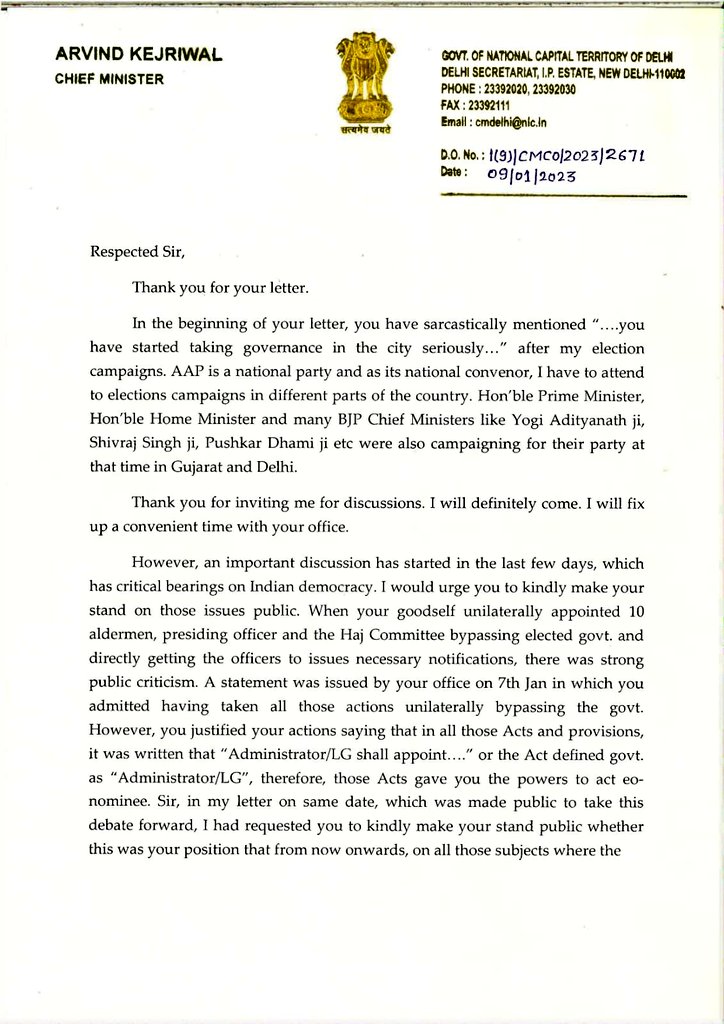 AamAadmiParty's tweet photo. CM @ArvindKejriwal writes back to @LtGovDelhi
▪️Calls for public discussion over his interference into Delhi's elected govt
▪️Requests LG to make his stand clear whether from now onwards, in all matters where law uses the words 'Administrator/LG', will he take direct authority? https://t.co/p9V79XdUz2
