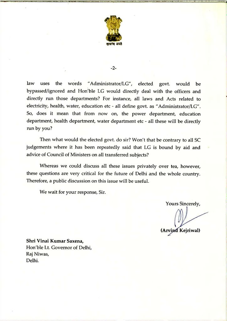 AamAadmiParty's tweet photo. CM @ArvindKejriwal writes back to @LtGovDelhi
▪️Calls for public discussion over his interference into Delhi's elected govt
▪️Requests LG to make his stand clear whether from now onwards, in all matters where law uses the words 'Administrator/LG', will he take direct authority? https://t.co/p9V79XdUz2