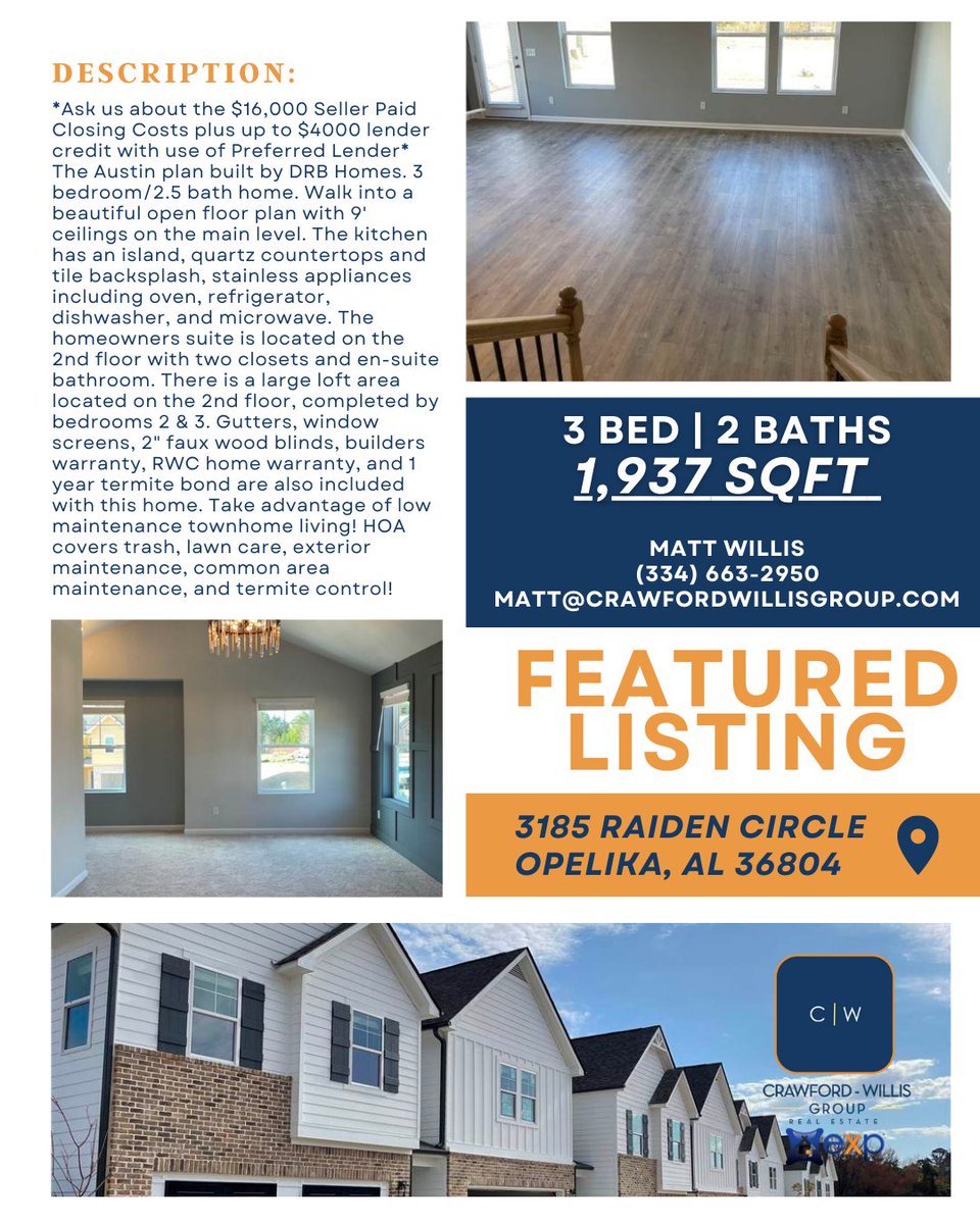 CW_Group_'s tweet photo. 🚨 FEATURED LISTING 🚨

Contact us for all your real estate needs! 👇🏻
🏠 Crawford Willis Group
📱 (334) 663-2950
💻 Link in bio: @crawfordwillisgroup

#CWGroup #eXpRealty #eXpRealtyAuburnOpelika https://t.co/N5f2l2zF9i