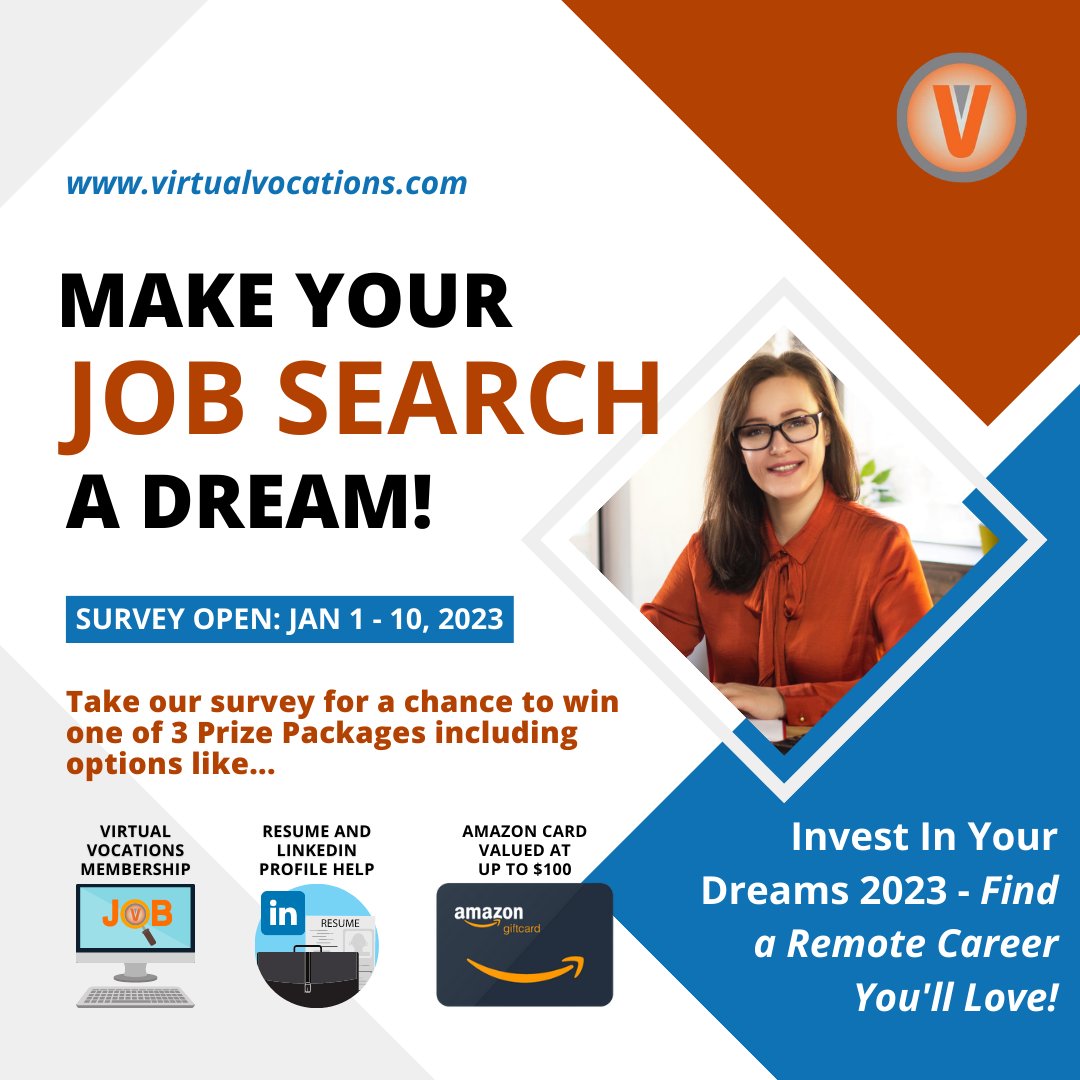 VirtualVocation's tweet image. 2023 is the year to #InvestInYourDreams &amp;amp; find a remote career you’ll love! But how can your job search process be improved? Take our survey for a chance to win! Winners will be chosen at random and notified by Fri, Jan 13, 2023. Click the link! 🎉

ow.ly/IMQs50Mf6Qr