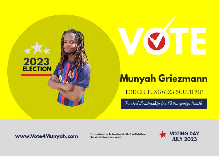 Munyah_Wacho's tweet photo. Vote for Munyah 2023. I promise to deliver:

-$50 grant for every child under 13
-Unemployment grants
-Chitungwiza College of Medicine &amp; Health Sciences
-3 days off p/m for women during their monthly cycle
-Sewer reticulation
-Tap Water
-Refuse Collection
-Recreational Parks https://t.co/4dFHhZbrS9