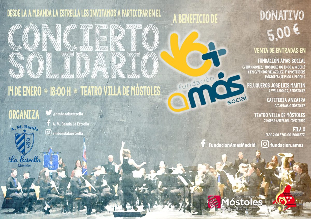 ISRADILO's tweet photo. ✨️Este próximo sábado día 14, la Banda La Estrella organiza en Móstoles un concierto solidario a beneficio de la Fundación Amas

🎵 Merece la pena escucharles porque son muy buenos y además, colaborar con una buena causa https://t.co/6U3sRmIncC