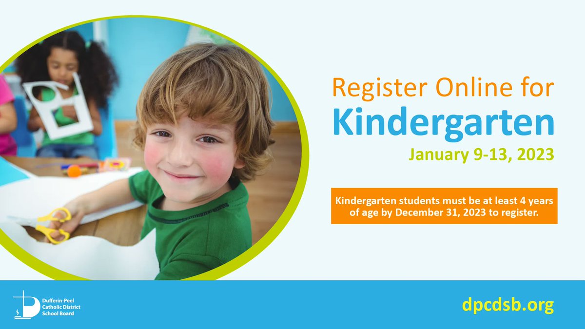 Kindergarten Registration for the 2023-24 school year is now open!
If your child was born in 2018 or 2019, you can register your child to start school in September 2023.

For more information and to register online, visit: dpcdsb.info/Register-for-K…
