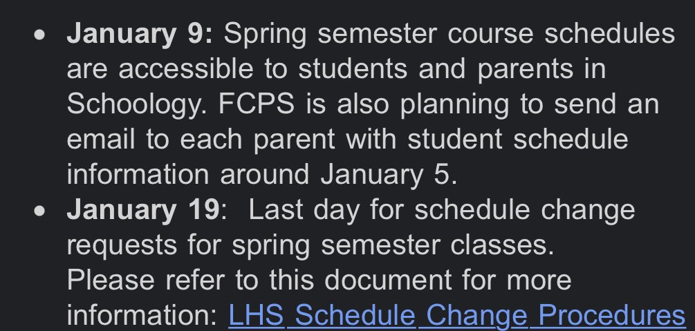 LancerInsider's tweet photo. Spring Semester courses are now accessible in Schoology for all students and parents. 🗓️ 

Make sure to get all your schedule change requests in ASAP! The last day to change your schedule for the spring semester is Thursday, January 18th. https://t.co/zDPwNa2BXT