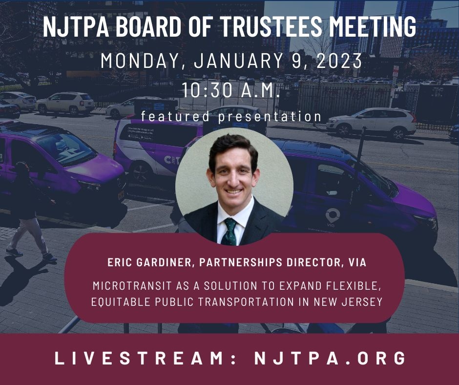 NJTPA (@njtpa) on Twitter photo 📣 TODAY 📣 "#Microtransit as a solution to expand flexible, equitable public #transportation in #NewJersey," will be the featured presentation by <a href="/EricDGardiner/">Eric Gardiner</a> of @RideWithVia during our Board of Trustees meeting at 10:30 a.m. Livestream details: l8r.it/cTBM 📣 TODAY 📣 "#Microtransit as a solution to expand flexible, equitable public #transportation in #NewJersey," will be the featured presentation by <a href="/EricDGardiner/">Eric Gardiner</a> of @RideWithVia during our Board of Trustees meeting at 10:30 a.m. Livestream details: l8r.it/cTBM