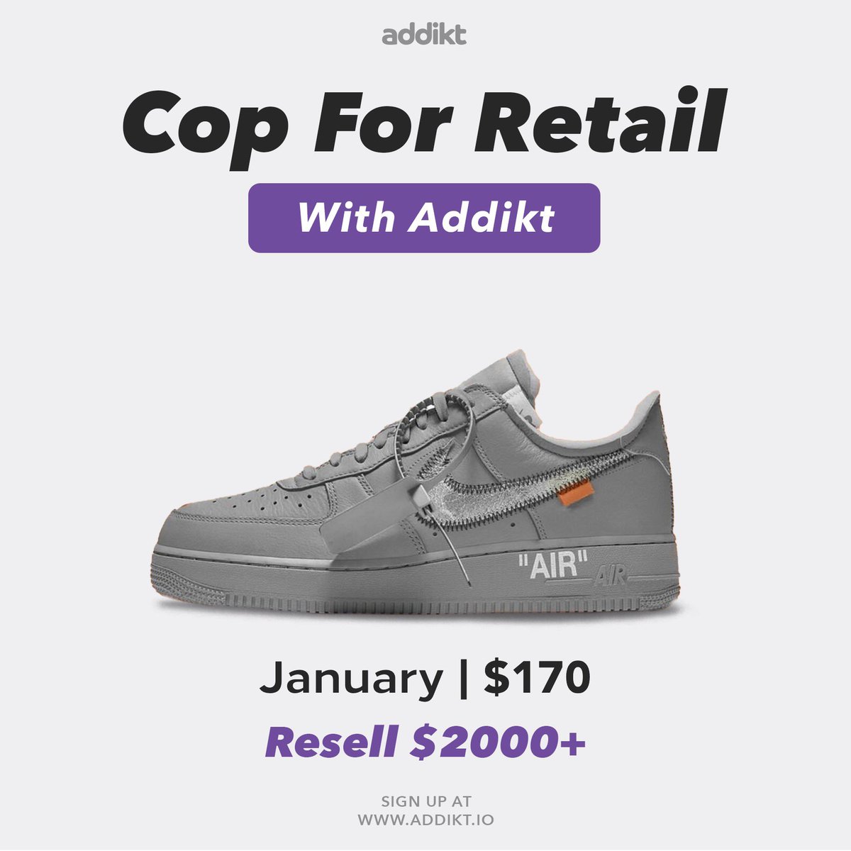 Nike Air Force 1 Low x Off White “Grey” dropping this month.
Cop the drop with Addikt 
-
Sign up at Addikt.io or click the link in our bio to be notified when we next restock.