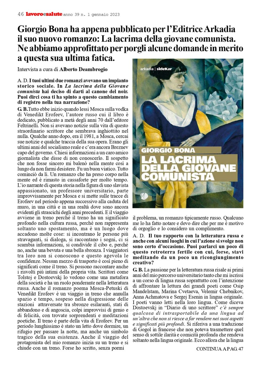 ArkadiaEditore's tweet photo. Su Lavoro e Salute Alberto Deambrogio intervista #GiorgioBona in occasione dell'uscita de La lacrima della giovane comunista, #SideKar https://t.co/OmHdXYqICZ