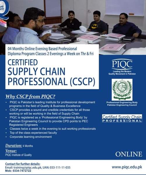 qualityatpiqc's tweet photo. (Lahore) PIQC announces the registrations in a 4-month online evening-based diploma program in Supply Chain "Certified Supply Chain Professional (CSCP)", from Jan 26, 2023. (In Shaa Allah). 
Email:training@piqc.edu.pk :Mob # 0334-7472722
Web: https://t.co/EurRfar9dx
#supplychain https://t.co/CzyLZkQOcn