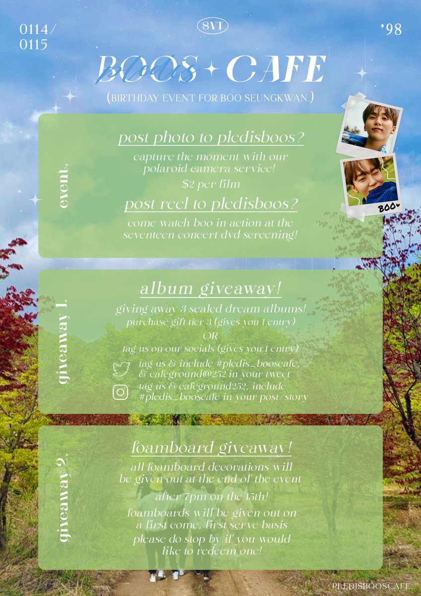 pledisbooscafe's tweet photo. 📸𝗽𝗹𝗲��𝗶𝘀𝗯𝗼𝗼𝘀𝗰𝗮𝗳𝗲
↳𝖡𝗂𝗋𝗍𝗁𝖽𝖺𝗒 𝖤𝗏𝖾𝗇𝗍 𝖿𝗈𝗋 𝖡𝗈𝗈 𝖲𝖾𝗎𝗇𝗀𝗄𝗐𝖺𝗇

✨️ Updated Event Details ✨️

📍Cafeground@252, Singapore 
📅 14-15 January 2023

#pledis_booscafe #승관 #SEUNGKWAN #cafeground252 https://t.co/NaYvnuTFzj
