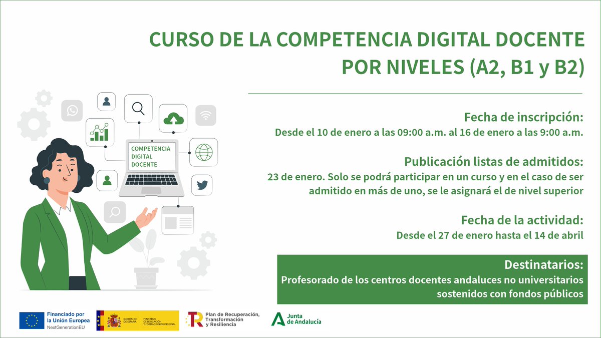 cepcastilleja's tweet photo. 🧑‍💻Desarrolla tu #CompetenciaDigitalDocente➡️ Cursos por niveles (A2, B1, B2)
@FormacProfAnd✅
➕Información e 📝Inscripción: Del 1⃣0⃣ al 1⃣6⃣ hasta las 9⃣ am en👇
🅰️2⃣🔗https://t.co/6JFq4PAhro
🅱️1⃣🔗https://t.co/yicVV05Vk9
🅱️2⃣🔗https://t.co/ZC6Iznnsyu
🔎https://t.co/ngAx2g57or https://t.co/b9Mv8RC23b