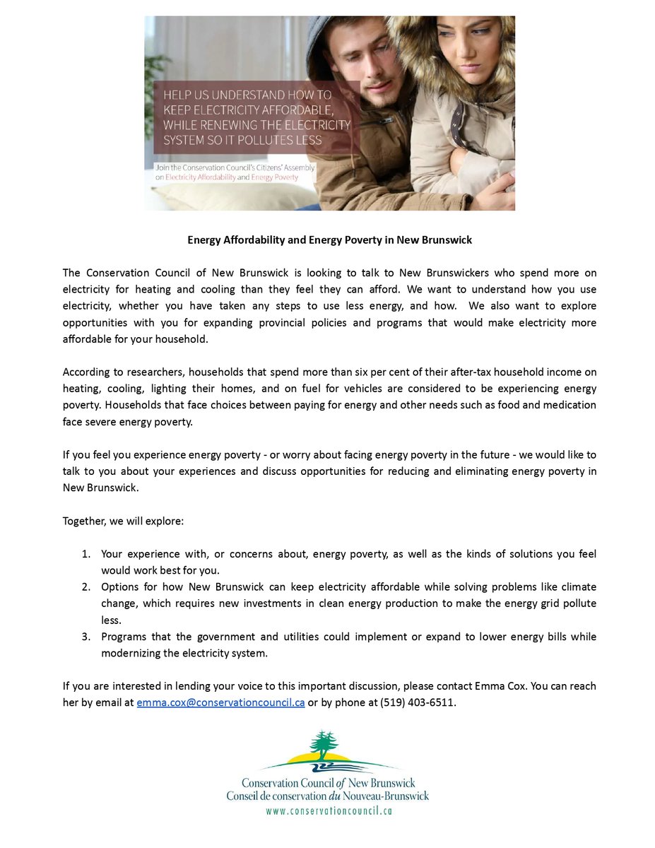 ‼️ Call for interviews

The Conservation Council of New Brunswick (<a href="/cc_nb/">Conservation Council</a>) is looking to talk to New Brunswickers who spend more on electricity for heating &amp; cooling than they feel they can afford. See below for more information!
