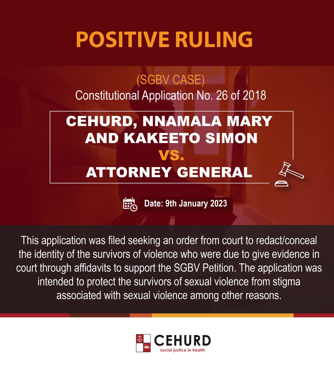 ☐  Positive Court Ruling

The Constitutional Court has allowed our application to have the identity of survivors of sexual violence concealed in affidavits to be filed in court. This is aimed at protecting survivors from the stigma.

Access the Ruling » bit.ly/3jY4zO2