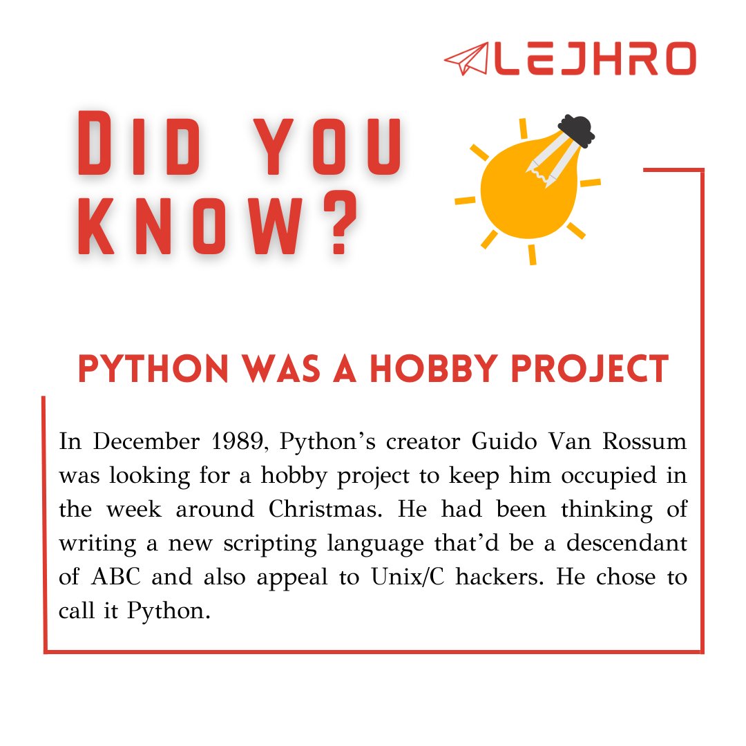 lejhrobootcamp's tweet image. To learn more and develop skills in python, join the Full Stack Bootcamp premiered at Lejhro for mere upskilling and to take your career to the next level.
#pythonweek #mondayfacts #skillingtheday #pythonknowhow #knackwithfact #startweekwithpython #pythonvibes #pythonupskilling