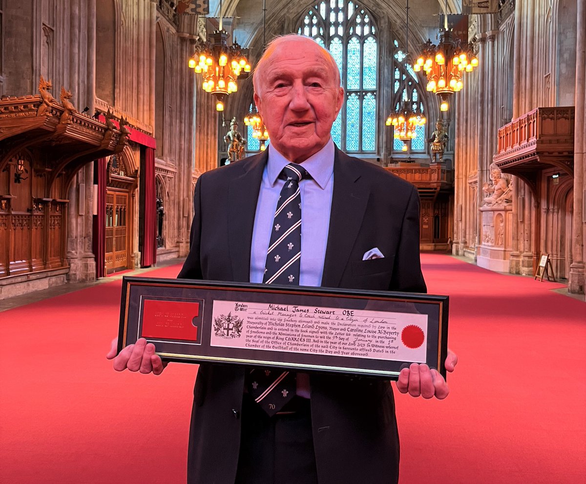 cityoflondon's tweet photo. Congratulations to former England cricketer and coach, Micky Stewart, on being awarded the Freedom of the City of London for his sporting achievements. Micky played first-class cricket for Surrey and appeared in eight Test matches for England. https://t.co/n4aasrQhE1  #cricket https://t.co/XEyeZfRRBG