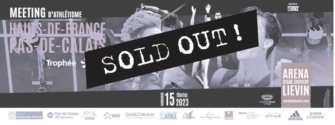 💥SOLD OUT💥
L'<a href="/ArenaLievin/">Arena Stade Couvert-Liévin</a> est COMPLET ! 
Vous serez 5️⃣0️⃣0️⃣0️⃣ à encourager les meilleurs athlètes mondiaux🔥 
Le meeting s’annonce EXCEPTIONNEL, nous comptons sur VOUS pour rester N1️⃣🌍 
📺En DIRECT sur <a href="/lachainelequipe/">la chaine L'Équipe</a>  ! 
<a href="/WorldAthletics/">World Athletics</a> <a href="/LigueHDFA/">Ligue Hauts-de-France Athlétisme</a> 
#worldindoortour #gold✨