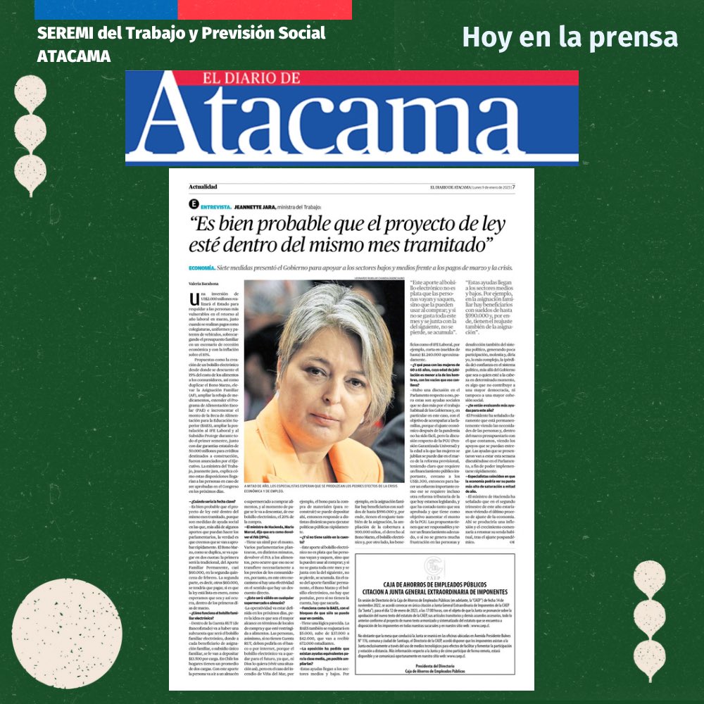 #BuenasNoticias 📰Hoy en <a href="/diarioatacama/">Diario Atacama</a> la Ministra <a href="/jeannette_jara/">Jeannette Jara Román</a> anuncia medidas sociales para apoyar a las y los trabajadores pertenecientes a las clases media y baja, enfocadas a enfrentar el mes de marzo.
