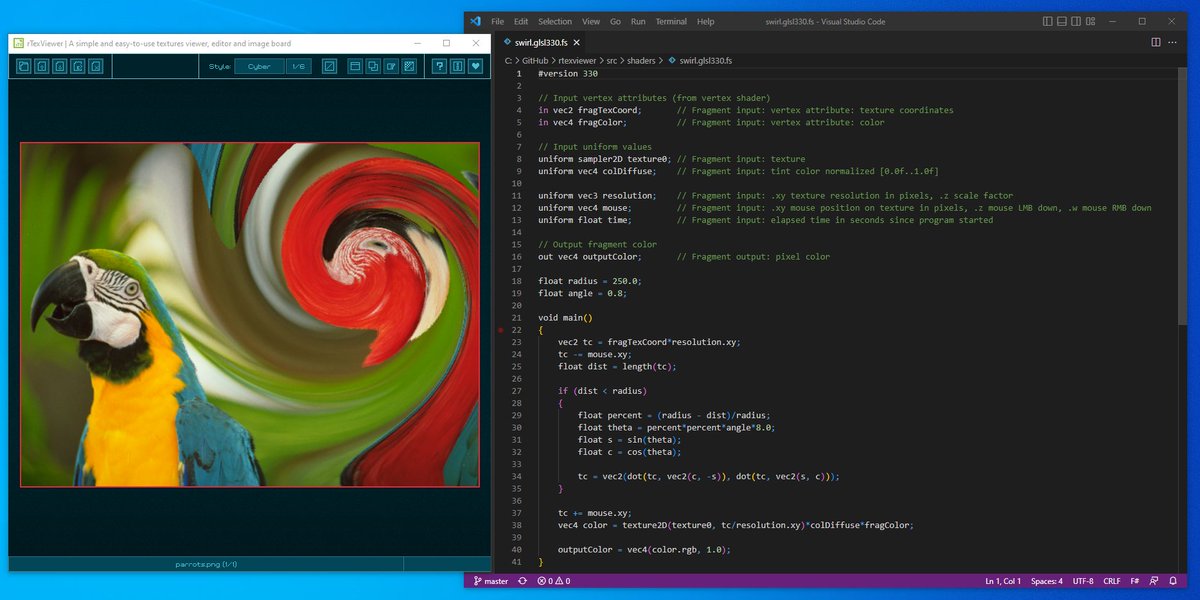 raysan5's tweet image. #rTexViewer 3.0 new feature: custom GLSL shaders per image, with some useful uniforms automatically setup! Just drag&amp;amp;drop your shader over any image! 
Infinite image-effects possibilities for #TechnicalArtists! 🤯

Link: raylibtech.itch.io/rtexviewer

#gamedev #toolsdev #raylib #raygui