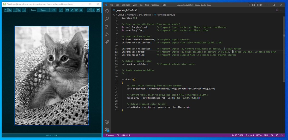 raysan5's tweet image. #rTexViewer 3.0 new feature: custom GLSL shaders per image, with some useful uniforms automatically setup! Just drag&amp;amp;drop your shader over any image! 
Infinite image-effects possibilities for #TechnicalArtists! 🤯

Link: raylibtech.itch.io/rtexviewer

#gamedev #toolsdev #raylib #raygui