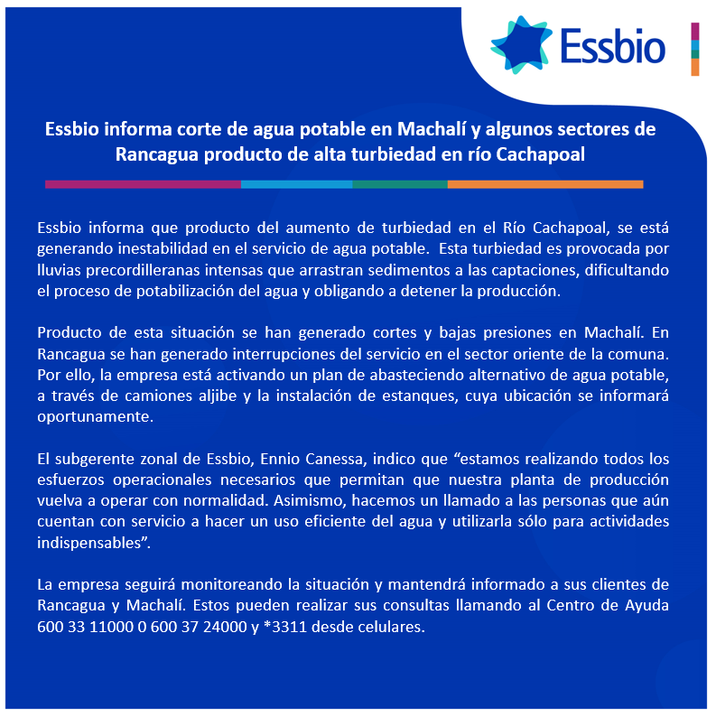 essbio's tweet photo. Essbio informa corte de agua potable producto de alta turbiedad en el río Cachapoal, Aquí detalles 👇 https://t.co/31L7j2z2tf
