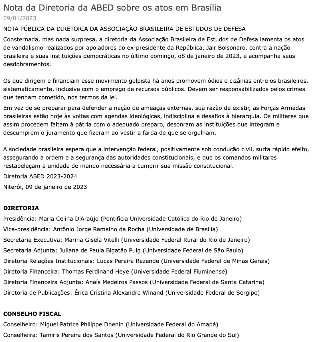 Nota da Diretoria 2023-2024 da <a href="/AbedDefesa/">ABED Brazilian Association for Defense Studies</a> sobre os atos em Brasília de 08/01/2023 abedef.org/informativo/vi…