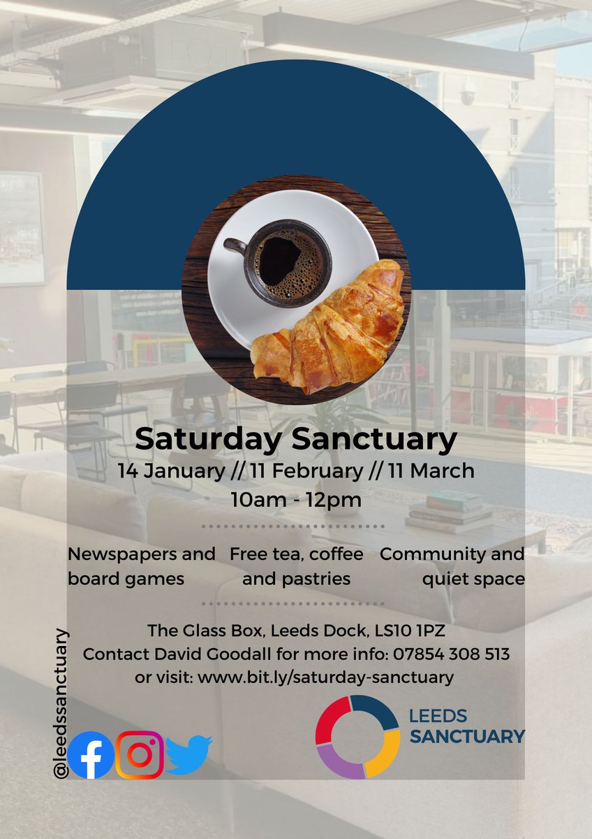 leedssanctuary's tweet photo. Saturday Sanctuary is back this week! Ease into the weekend with good coffee (or tea), pastries, newspapers and board games
#loveleeds #leeds #leedslife #thisisleeds #leedscitycentre #universityofleeds #leedsuni #leedsdock #leedsinspired #leedslist #leedsevents https://t.co/Q6YA4aeaTy