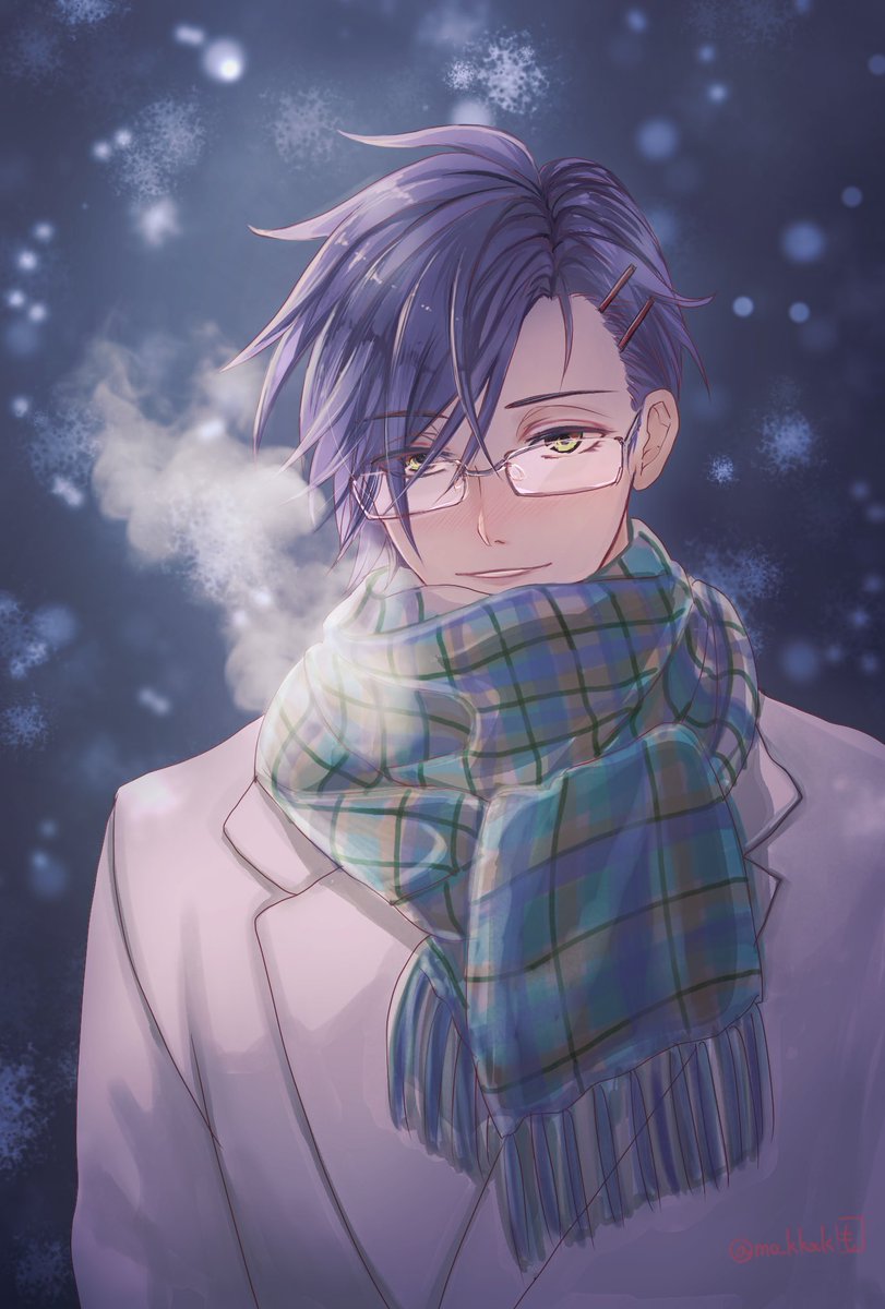 scarf 1boy male focus glasses solo plaid scarf hair ornament  illustration images