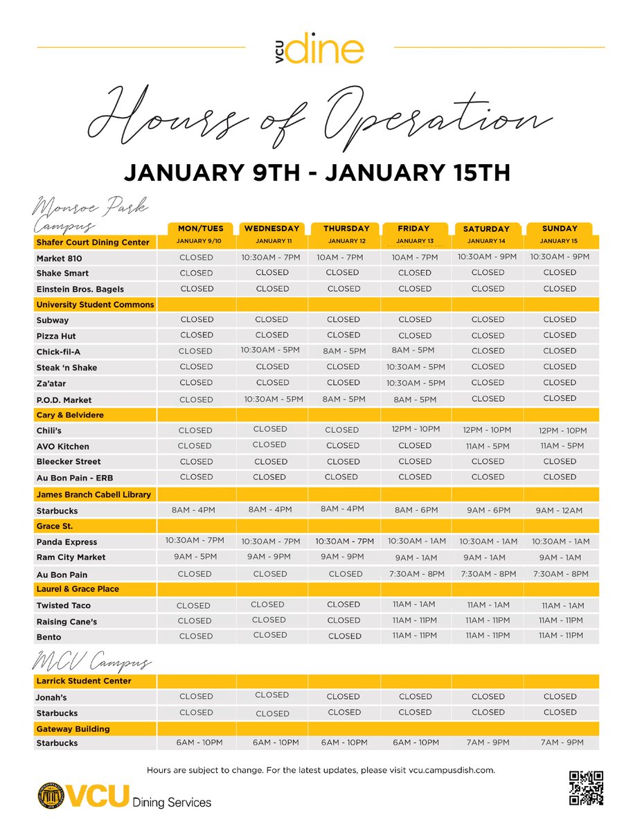 VCU_Dining's tweet photo. Hours of operation: January 9th-15th. ๐ฅ๐ฅช๐
#VCU #VCUDine #VCUDining #VCURams https://t.co/3DhytmPLvf