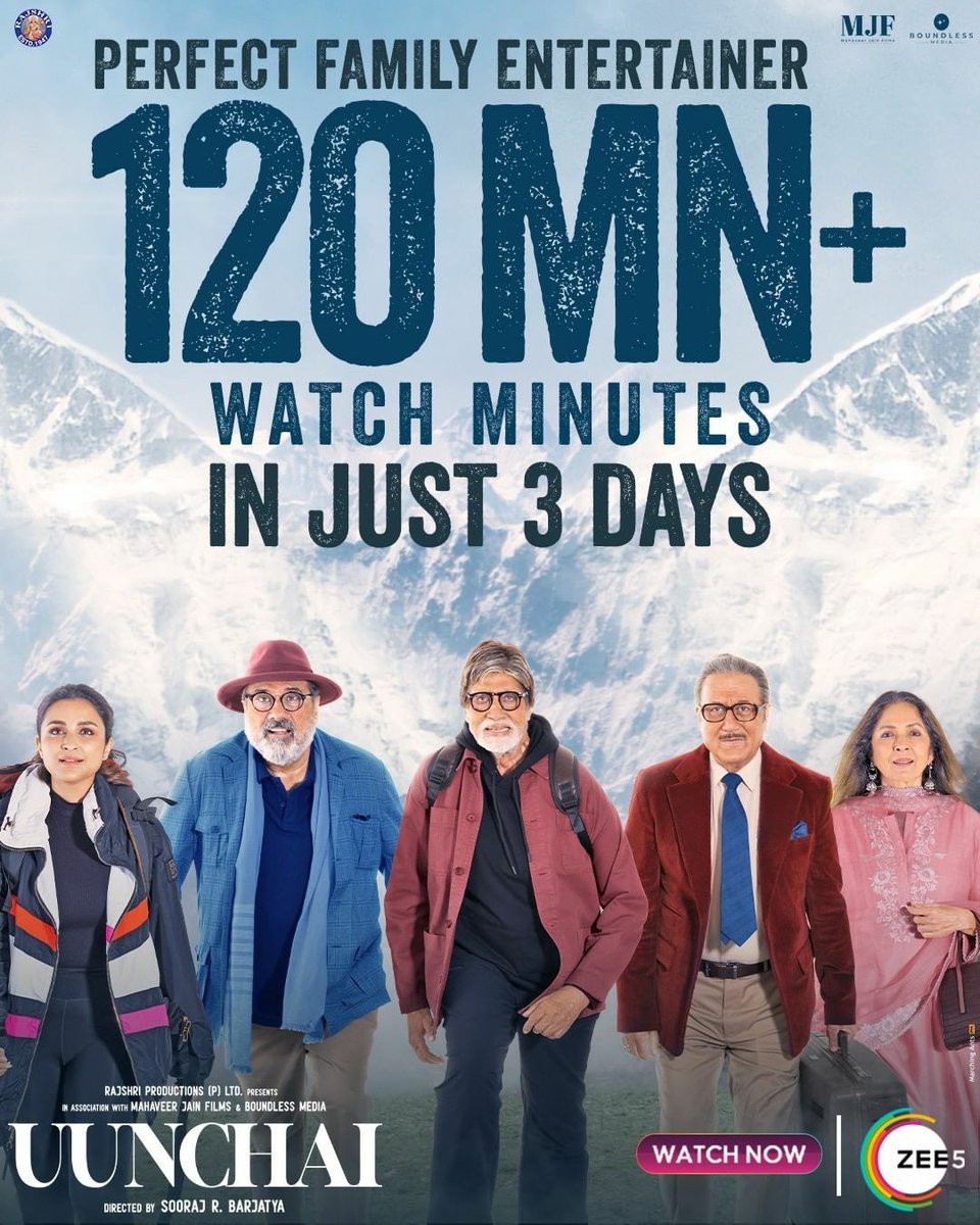 boundlessmedia_'s tweet photo. The numbers sPEAK for itself🏔️🥳

Experience the #Uunchai today!

#UunchaiOnZEE5, streaming now

#SoorajBarjatya @SrBachchan @AnupamPKher  @bomanirani  @Neenagupta001 #Sarika @ParineetiChopra @uunchaithemovie https://t.co/e69VnpvNDu