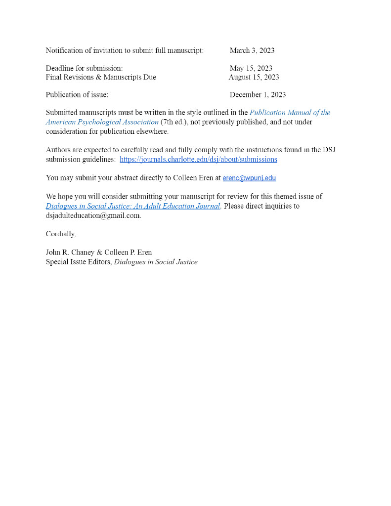 #CFP! I'm co-editing a special issue for the PR'd open access journal housed at UNC Charlotte, Dialogues in Social Justice, on the topic of #reentry education (broadly). Abstracts only due Jan 30. Email me submissions and questions! #academicchatter