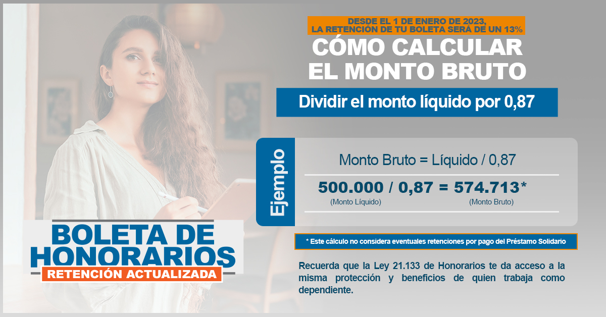 SII_Chile's tweet photo. [BOLETA DE HONORARIOS]: Con la retención que se aplica a tu boleta tienes acceso a coberturas en salud y previsión social, entre otras. Revisa aquí cómo se calcula el monto bruto de tu boleta. https://t.co/VgQtaUX7vU