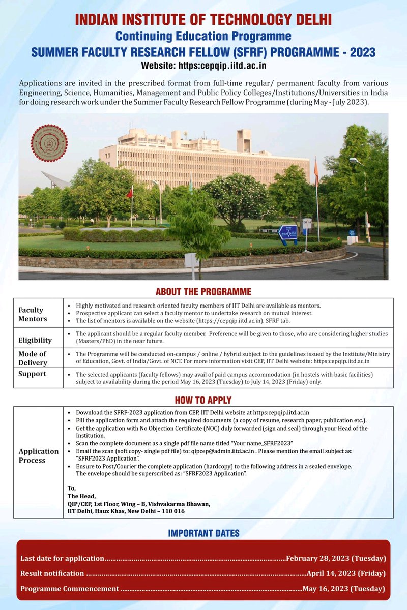 Edu_Research01's tweet photo. Summer Faculty Research Fellow (SFRF) Programme 2023 @iitdelhi https://t.co/GNoYUn6Au4