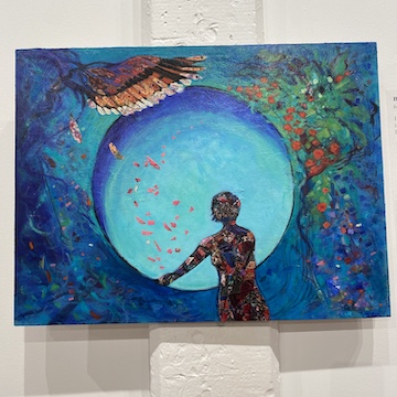 kbywrites's tweet photo. The exhibition "Coalesce" matched visual artists &amp; poets to respond to each other's work. I was lucky to be paired w/Esten Walker. She responded to my poem "Bypass" (1st appeared in @meridianuva) &amp; I responded to "Flying Turtles &amp; Other True Stories." What a joy! @OCNCArts #art https://t.co/NRpg3TkJYu