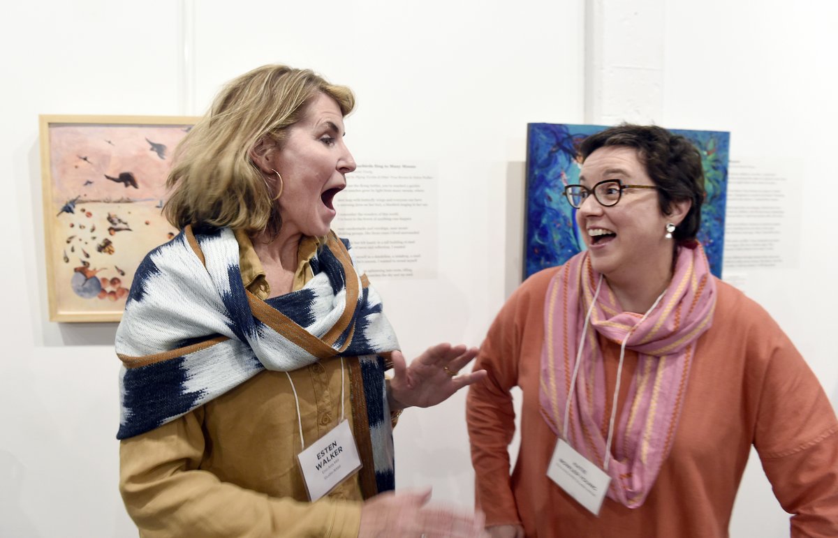 kbywrites's tweet photo. The exhibition "Coalesce" matched visual artists &amp; poets to respond to each other's work. I was lucky to be paired w/Esten Walker. She responded to my poem "Bypass" (1st appeared in @meridianuva) &amp; I responded to "Flying Turtles &amp; Other True Stories." What a joy! @OCNCArts #art https://t.co/NRpg3TkJYu