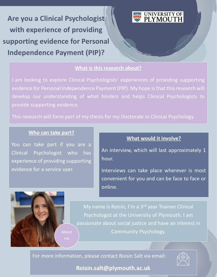roisin_salt's tweet photo. As part of my Doctorate in Clinical Psychology, I am currently recruiting Clinical Psychologists who have experience of providing supporting evidence for PIP to take part in my research. Please contact me using the email address on the research poster if you wish to take part. https://t.co/olJgutP9zn