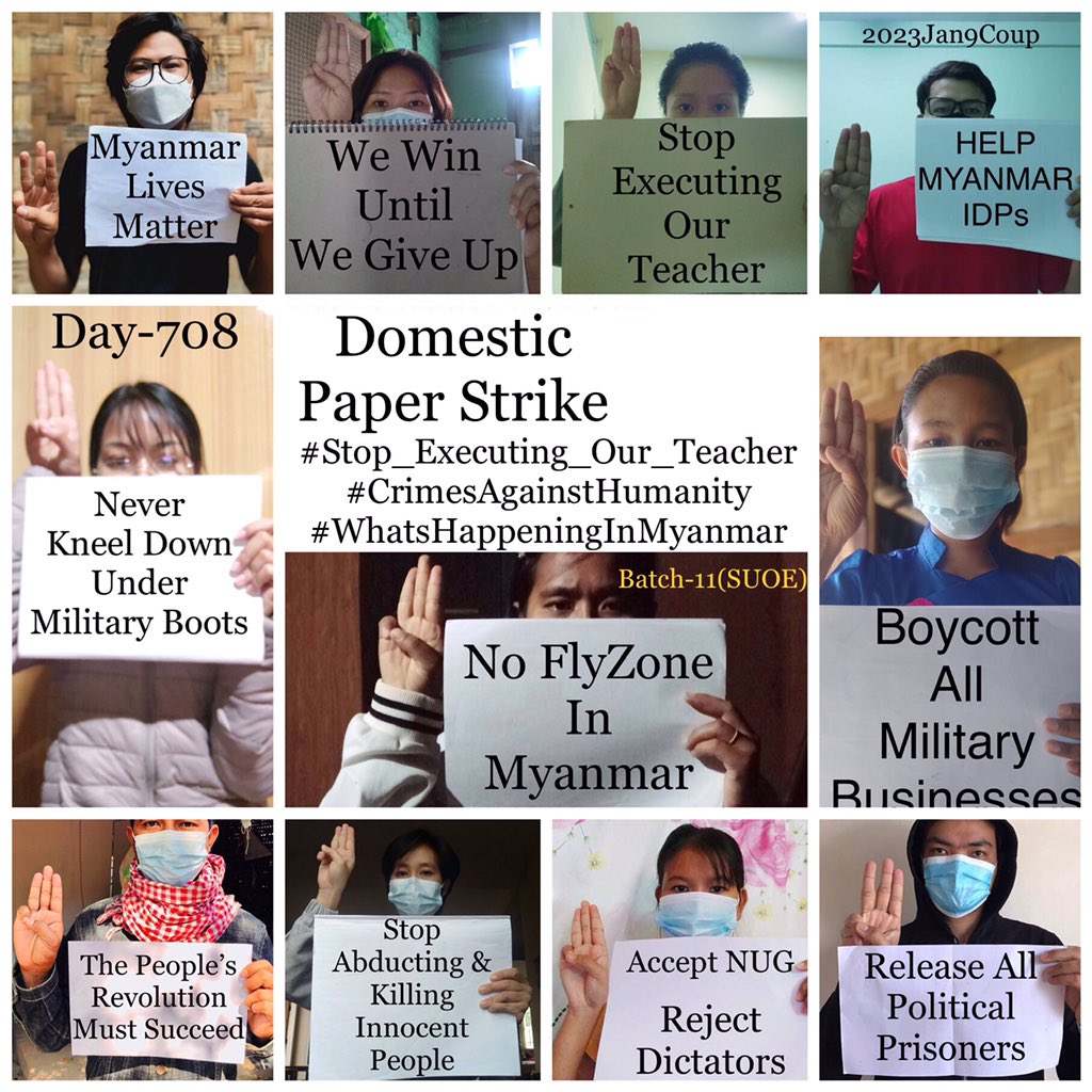 Daily anti-coup revolutionary domestic strike by pro-democracy CDMer teachers from Sagaing University of Education as 708th day.

#2023Jan9Coup #WhatsHappeningInMyanmar