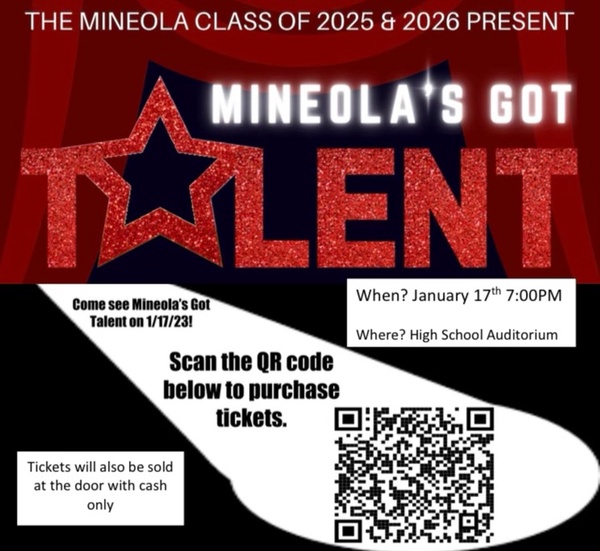 Tickets are selling FAST for Mineola's Got Talent so get yours now! Purchase tickets by scanning the QR code in the picture below or clicking on this link: mineolahs.booktix.com/index.php?sign…  

See you there! <a href="/mineolahs/">Mineola High School</a> <a href="/MineolaMiddle/">Mineola Middle School</a>