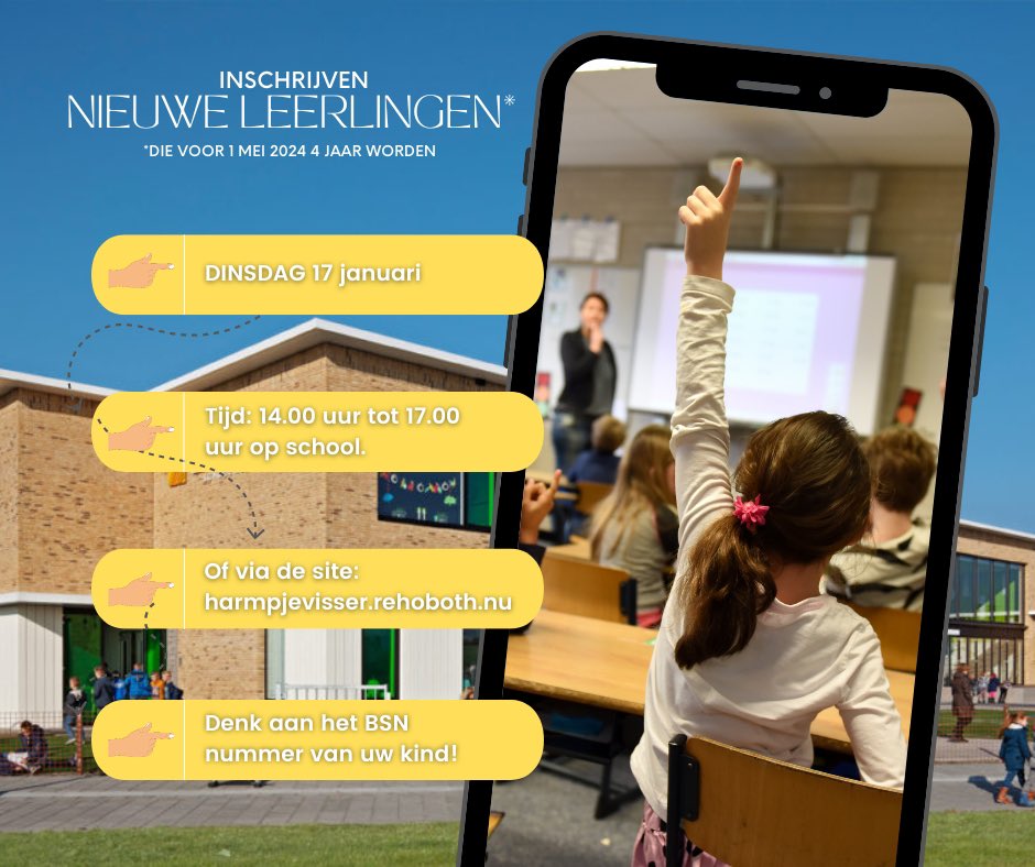 Inschrijven nieuwe leerlingen kan volgende week dinsdag op school, tussen 14:00 uur en 17:00 uur.