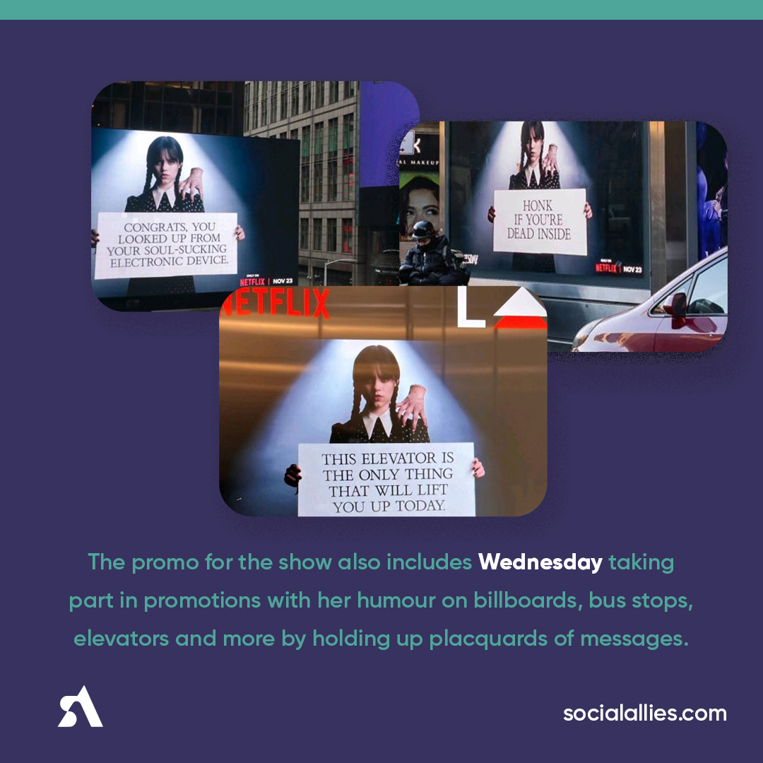 socialalliesuk's tweet photo. Netflix's "Wednesday" Brilliant Marketing Strategy 💥

The hit show surpassed 1.02 billion total hours viewed in just three weeks since its debut.

The show was marketed in various ways, see our breakdown below 👇

#Wednesday #Netflix #SocialMedia #ContentMarketing https://t.co/KPj9aaqcMk