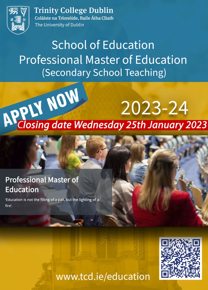 SchoolofEdTCD's tweet photo. Applications are closing soon, two weeks left to apply for the 2nd round for the Professional Master of Education course for 2023-24.
Closing date Wednesday 25th January.
APPLY TODAY https://t.co/dH6eehvV2M
#ThinkTrinity #Education #Teachers https://t.co/8Ty7kPkjUJ