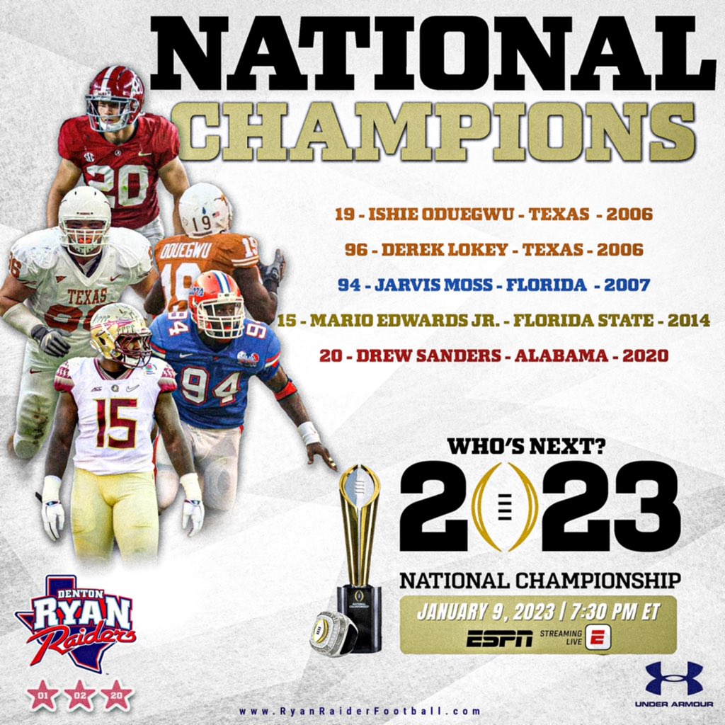 Five Ryan Raider National Champions. 

Tonight, there will be at least six.  They succeed here.  They succeed when they move on.  
#HomeOfChampions 

There’s Only ☝🏽 RYAN