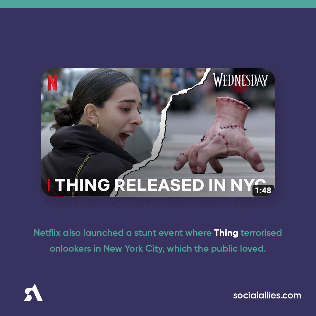 socialalliesuk's tweet photo. Netflix's "Wednesday" Brilliant Marketing Strategy 💥

The hit show surpassed 1.02 billion total hours viewed in just three weeks since its debut.

The show was marketed in various ways, see our breakdown below 👇

#Wednesday #Netflix #SocialMedia #ContentMarketing https://t.co/KPj9aaqcMk