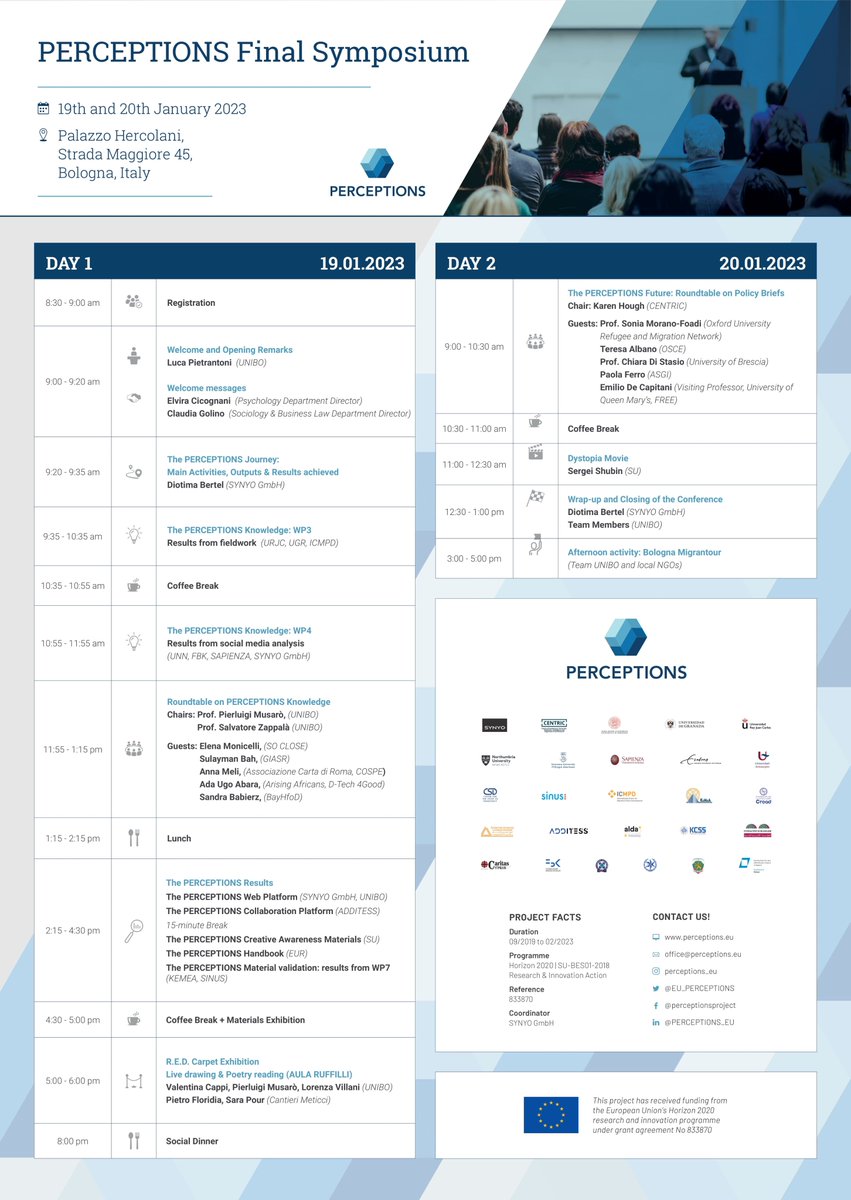 📌Save the date! 
After three and a half years of fieldwork research and development, our consortium is happy to announce that the University of Bologna will host a two-day conference to mark the ending of the H2020 PERCEPTIONS project.
👇Here's the agenda of the event!