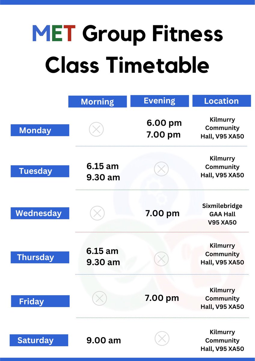 themettrainer's tweet photo. MET Group Fitness Class Timetable 

We offer 6.15am, 9.00am, 9.30am, 6pm + 7pm throughout the week to Kilmurry and Sixmilebridge.

Monthly class memberships and payg options. Please get in touch for more information. 😊

All levels of fitness is welcome! https://t.co/zHMFd7Hpgg