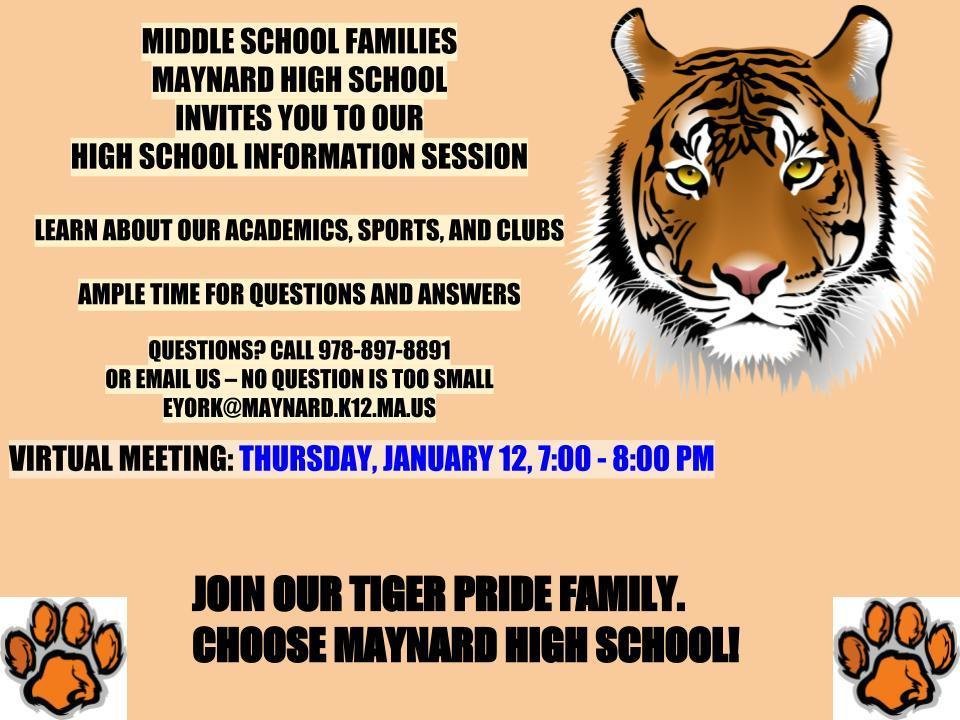 MaynardSchools's tweet image. All students grades 4-8 are invited to learn about what Maynard High School has to offer!  Virtual information session, Thursday, 1/12 at 7pm.  Zoom link - 
 us06web.zoom.us/j/83126272713