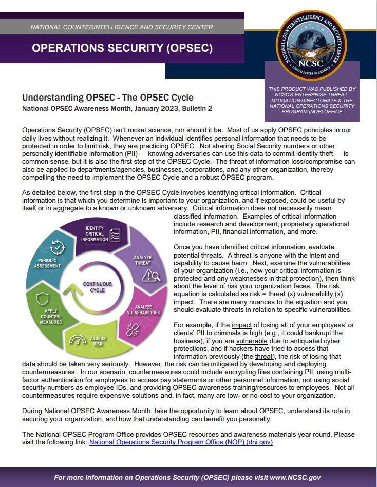 NCSCStreet's tweet photo. Understand the six-step #OPSEC cycle to protect your organization.
1) identify your critical information
2) evaluate threats
3) analyze vulnerabilities
4) assess risks
5) apply countermeasures
6) periodically assess
Check out @NCSCgov's OPSEC bulletin: https://t.co/VWSa8UuNEn https://t.co/6DFgvjDWw7