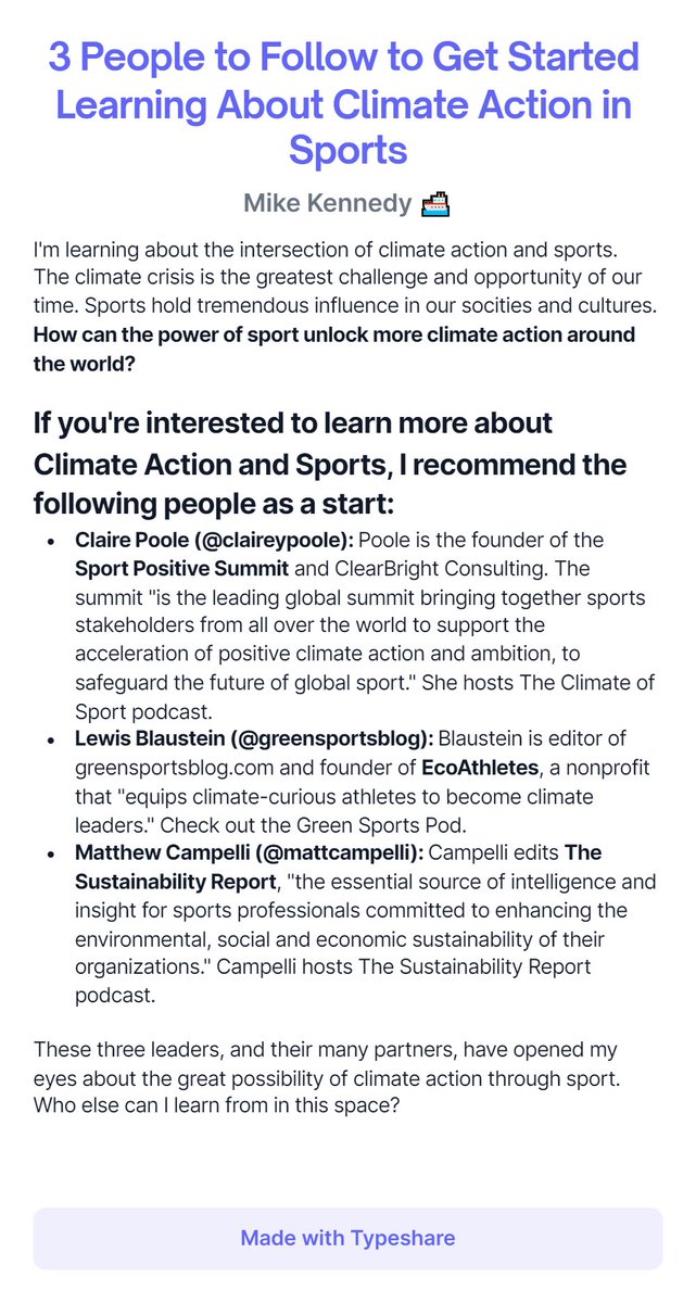 3 People to Follow to Get Started Learning About #ClimateAction in #Sports | Day 3 of #Ship30for30 | @claireypoole @mattcampelli @GreenSportsBlog | #SportPositive #ClimateComeback #ActOnClimate